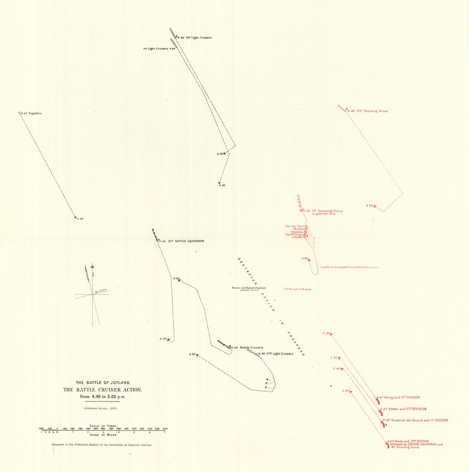 Battle of Jutland. Battle Cruiser Action 4.40-5.00 pm 31 May 1916. WW1. 1923 map